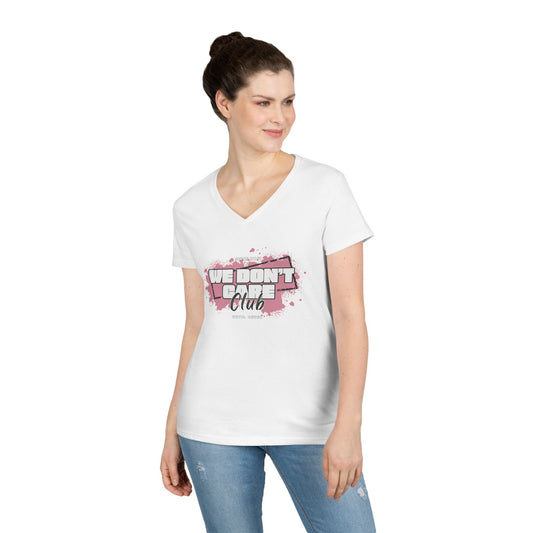 We Don't Care Club Ladies' V-Neck T-Shirt, Casual Wear, Gift for Friends, Relaxed Fit, Fun Statement Tee