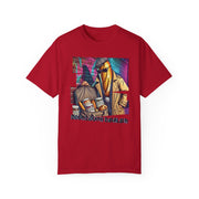 Red "Sourdough Dealer" T-shirt featuring a unique, playful graphic design; perfect for casual wear and art lovers.