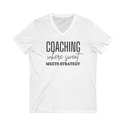 Unisex V-neck tee with "Coaching Where Sweat Meets Strategy" text, soft jersey fabric, lightweight design.