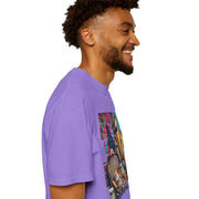 Sourdough Dealer T-Shirt in purple with vibrant artistic design, model wearing side view.