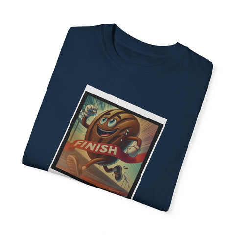 Vibrant Bread Winner T-Shirt featuring a playful design on folded blue fabric.