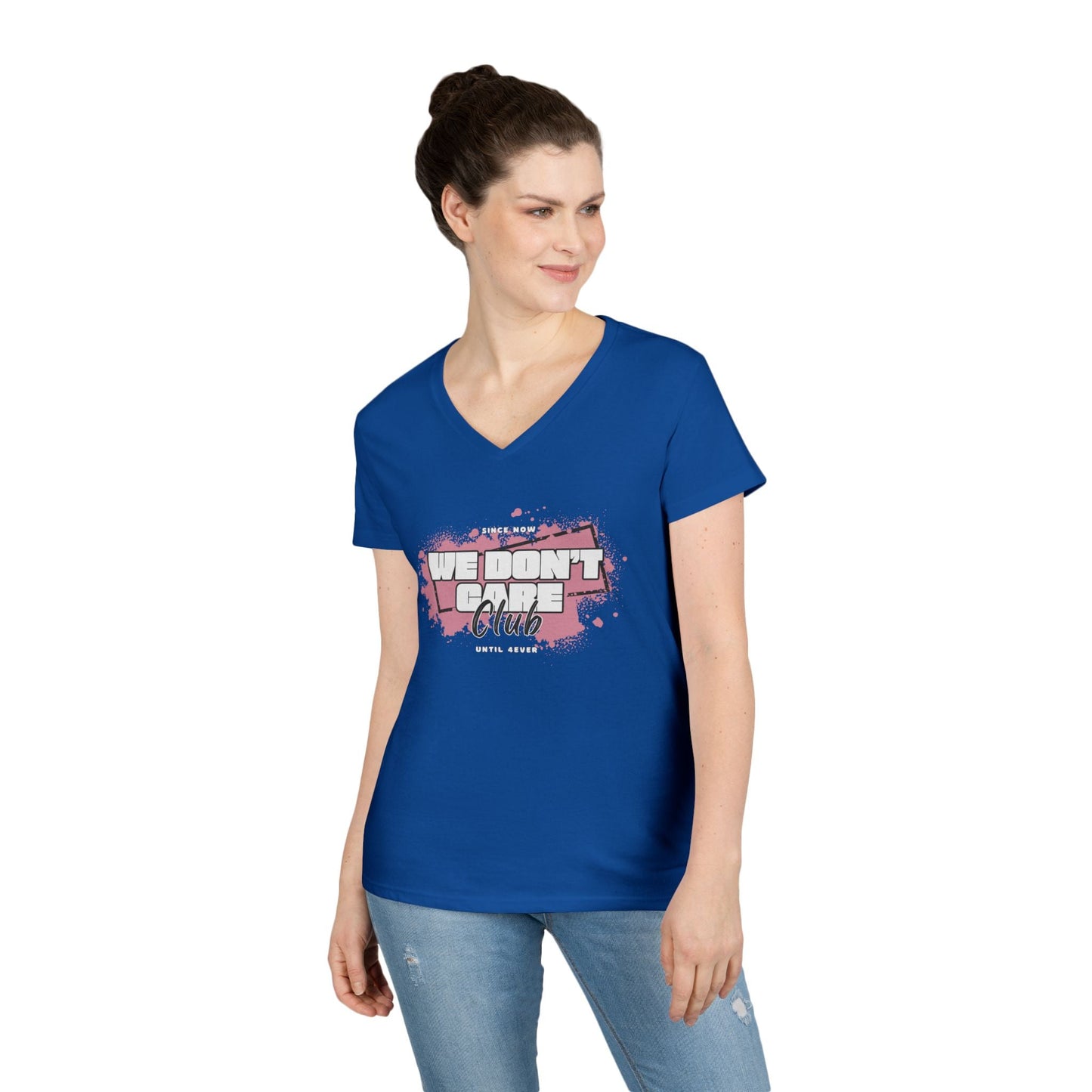Blue ladies' V-neck T-shirt with "We Don't Care Club" graphic, casual relaxed fit for women