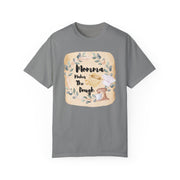 Mom's Kitchen unisex garment-dyed T-shirt in gray, featuring "Momma Makes The Dough" design, perfect gift for baking lovers.