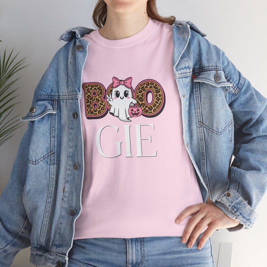 Woman wearing pink BOO-GIE Halloween Tee with ghost, leopard print bow, and pumpkin candy bucket design under denim jacket