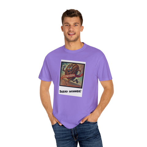 Unisex Bread Winner T-Shirt in vibrant purple with bread-themed design, featuring garment-dyed 100% US cotton for comfort.