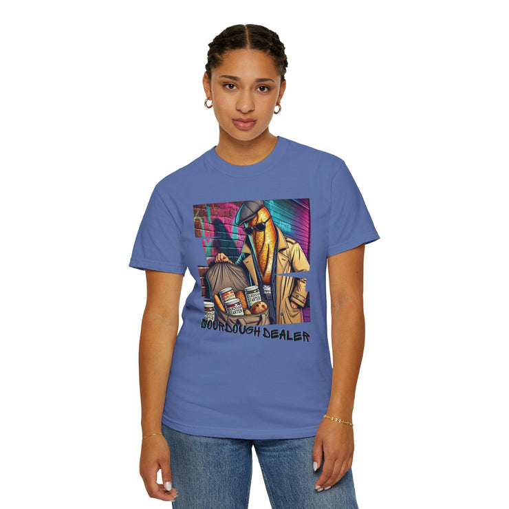 Unisex Sourdough Dealer T-Shirt featuring vibrant design on blue garment-dyed cotton.