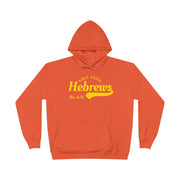 Unisex EcoSmart® pullover hoodie in orange with front pocket and Bible verse design.