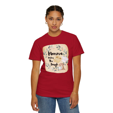 Unisex red T-shirt with "Momma Makes The Dough" design, perfect gift for baking lovers.