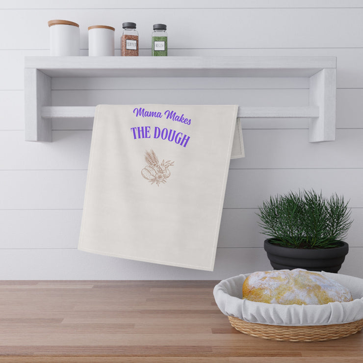 Mama Makes The Dough cotton tea towel in kitchen setting, stylish and vibrant decor for baking enthusiasts.