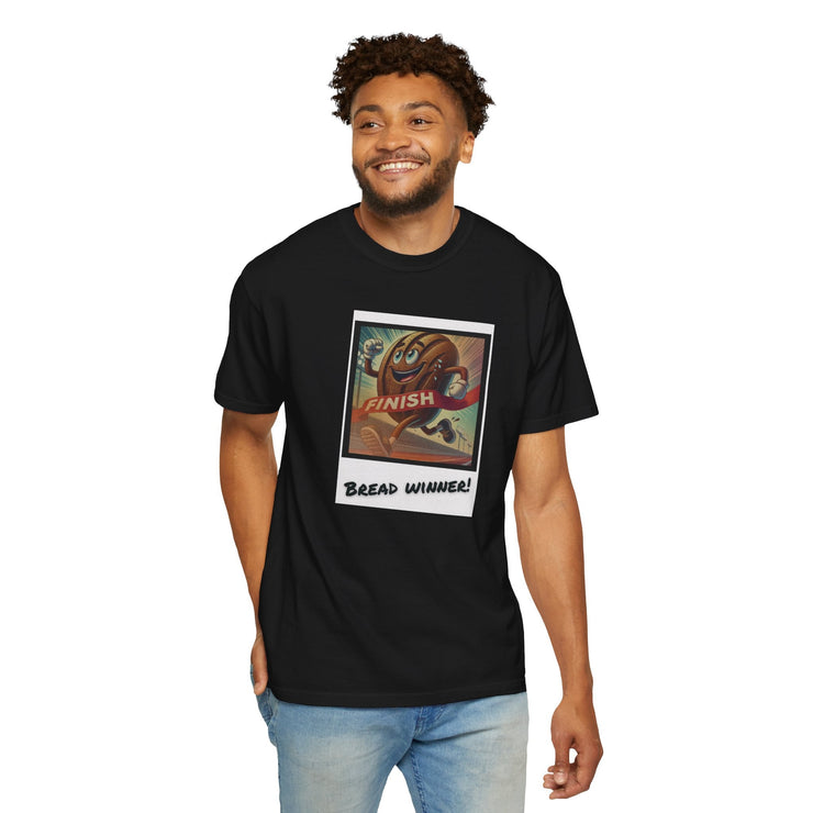 Man wearing Bread Winner T-Shirt with vibrant graphic, made from 100% US cotton.