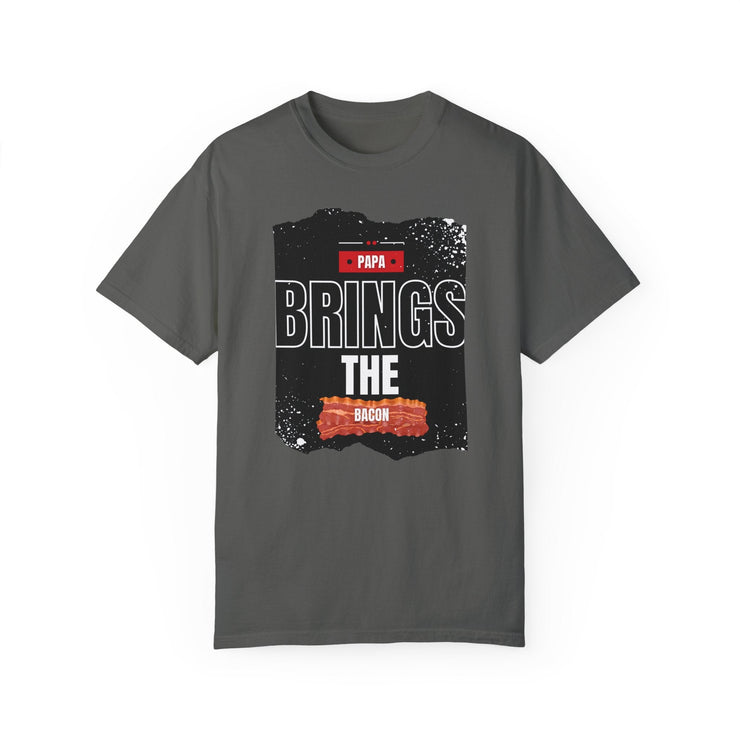 Papa Brings the Bacon unisex garment-dyed t-shirt in gray, perfect gift for dads, playful design.