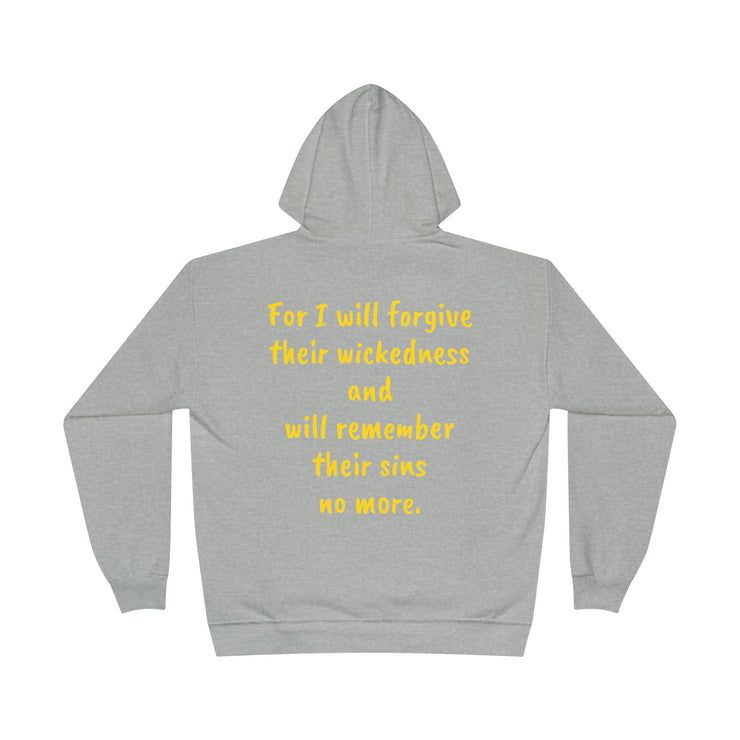 Unisex EcoSmart® Pullover Hoodie in gray with yellow text on the back.