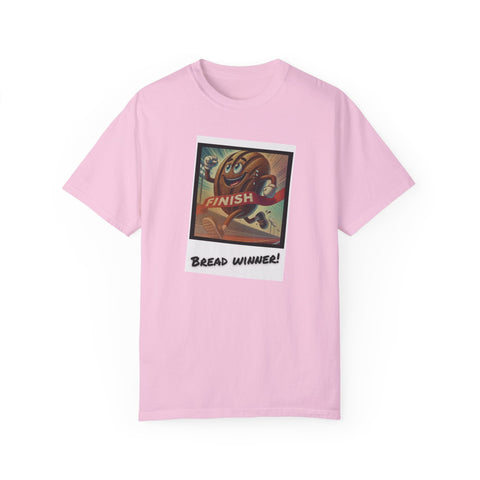Vibrant pink Bread Winner T-shirt featuring a fun graphic, made from 100% US cotton for comfort and sustainability.