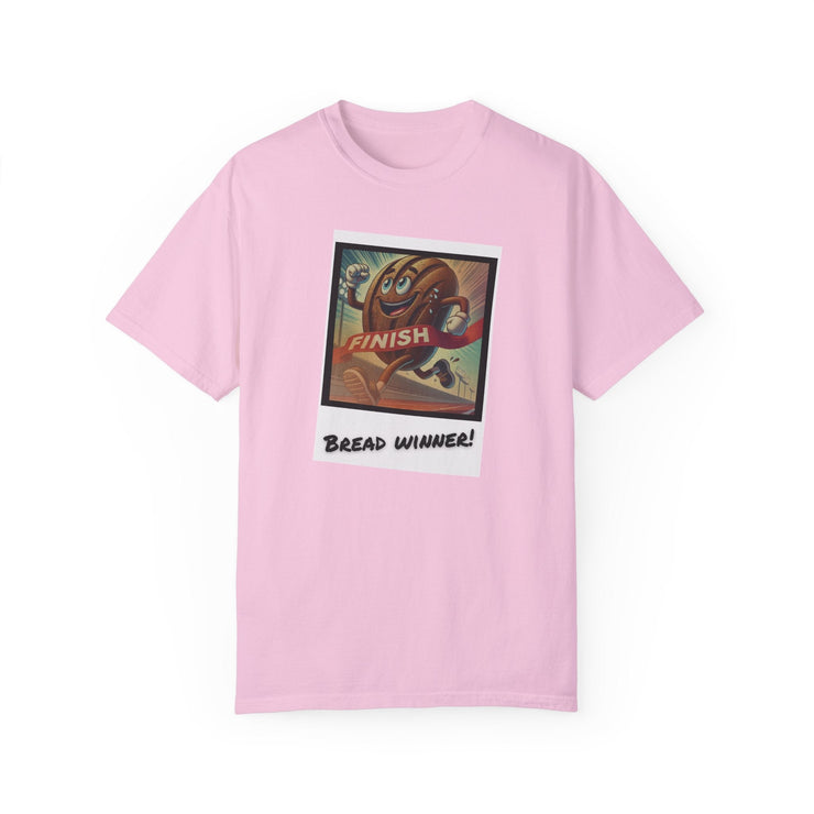 Vibrant pink Bread Winner T-shirt featuring a fun graphic, made from 100% US cotton for comfort and sustainability.