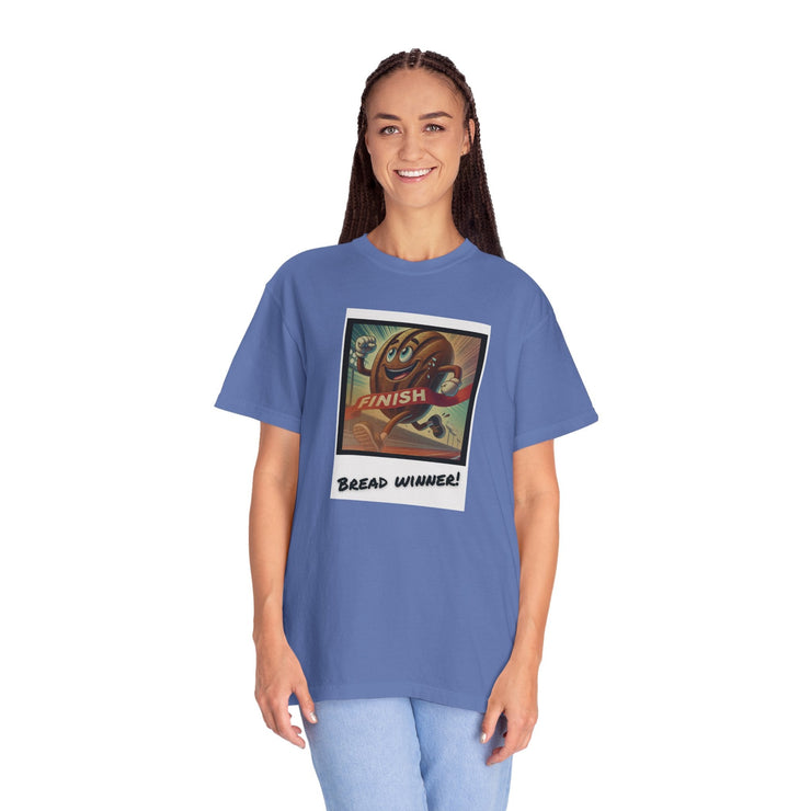 Unisex Bread Winner T-Shirt with graphic print, crafted from 100% US cotton, featuring a relaxed fit and unique garment-dyed texture.