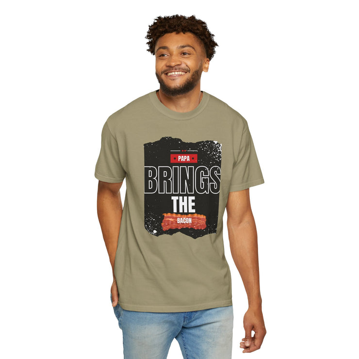 Papa Brings the Bacon Unisex Garment-Dyed T-Shirt, perfect gift for dads, shown on smiling man, casual style, size S to 4XL.