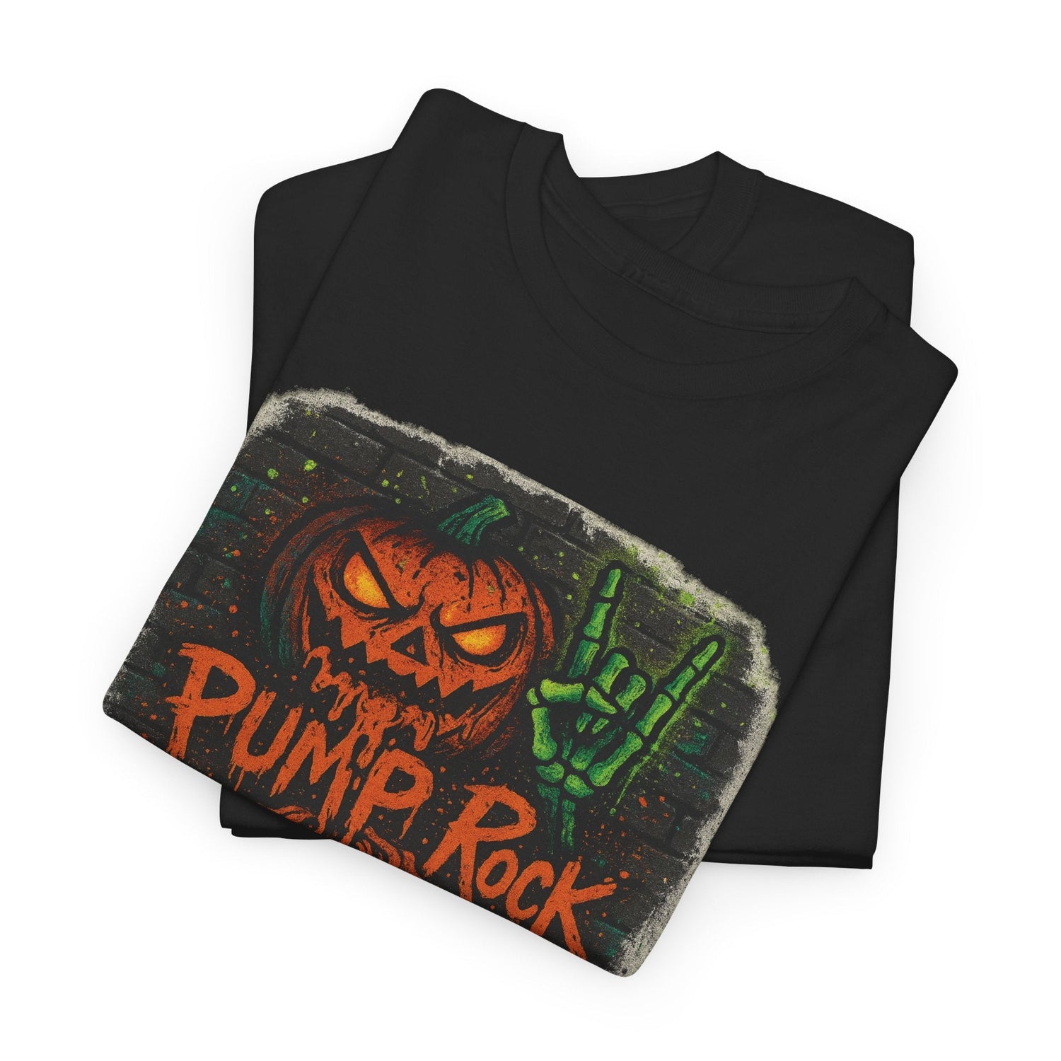 Black Pump Rock Halloween Tee with neon orange jack-o'-lantern and green skeletal hand graphic on grungy brick background