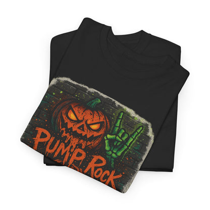 Black Pump Rock Halloween Tee with neon orange jack-o'-lantern and green skeletal hand graphic on grungy brick background