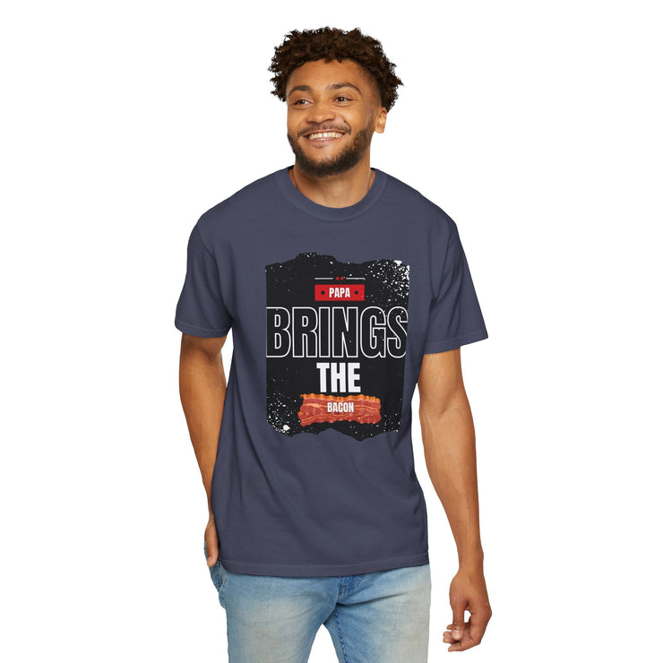 Unisex garment-dyed t-shirt with "Papa Brings the Bacon" design, perfect for dads.