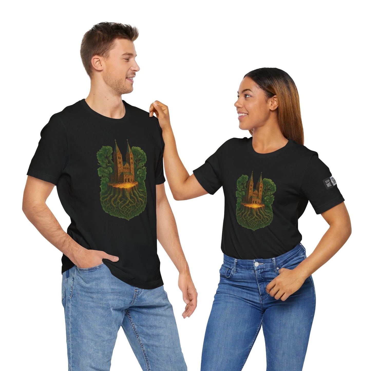 Unisex black Christian History Tee with historic church graphic worn by male and female models