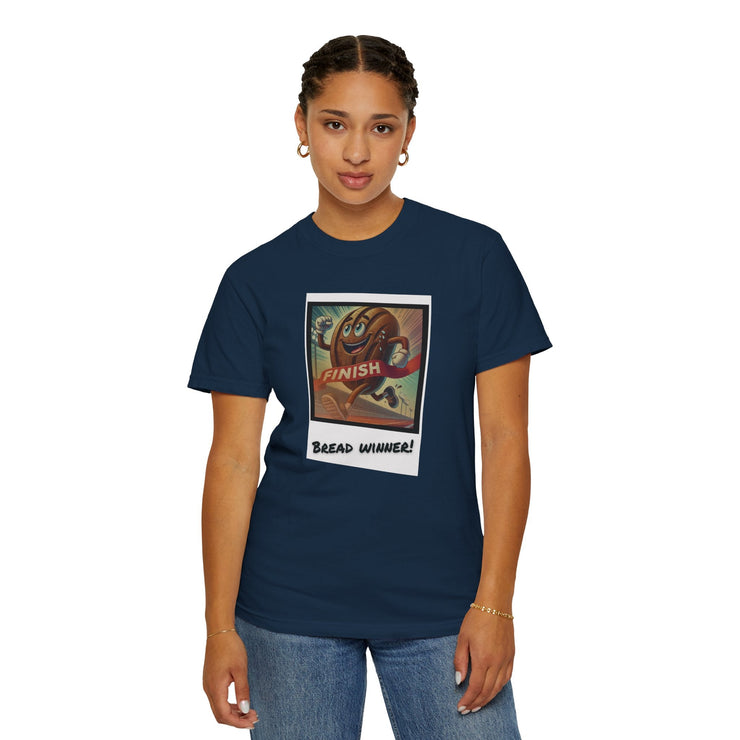 Unisex garment-dyed Bread Winner T-Shirt in vibrant blue, featuring a unique design, perfect for casual style and comfort.