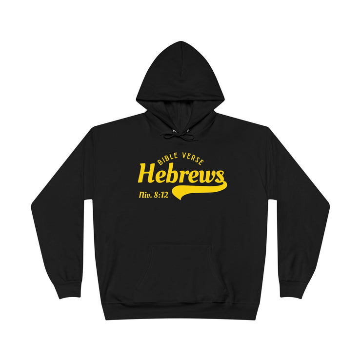 Unisex EcoSmart® pullover hoodie with front pocket and yellow text design on black fabric.