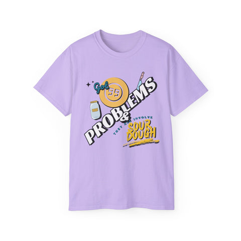 Purple unisex cotton t-shirt with funny "Sourdough Problems" baking graphic design