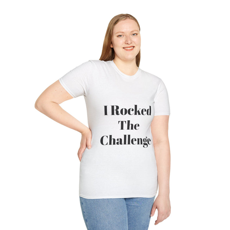 Unisex Softstyle T-Shirt with "I Rocked The Challenge" saying, worn by model.