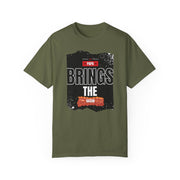 Unisex garment-dyed T-shirt with "Papa Brings the Bacon" design, perfect gift for dads.