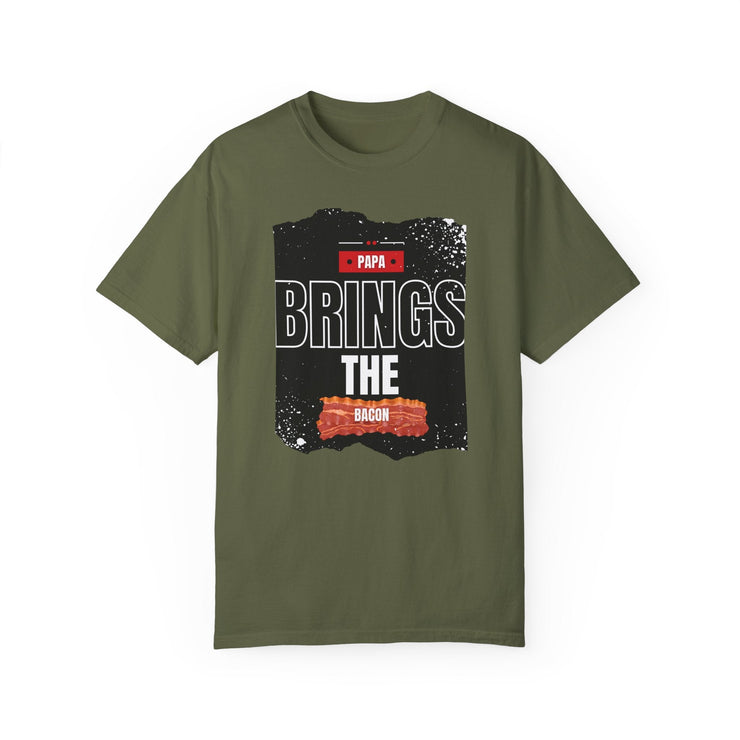 Unisex garment-dyed T-shirt with "Papa Brings the Bacon" design, perfect gift for dads.