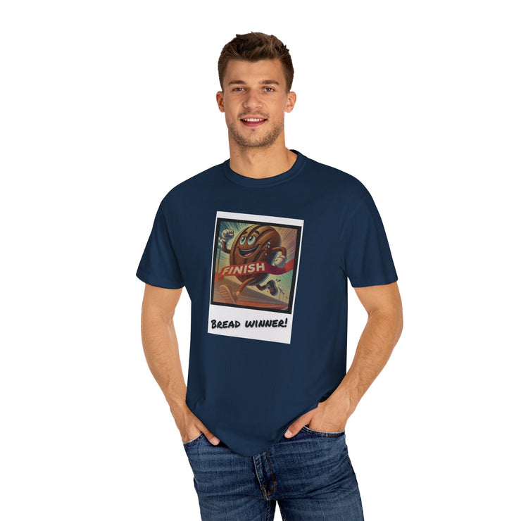 Unisex garment-dyed Bread Winner T-Shirt in navy blue with graphic print, worn by a male model.