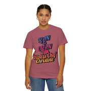 Unisex garment-dyed t-shirt with "Lean & Clean with Fitness Chef Christine" print, worn by a person.