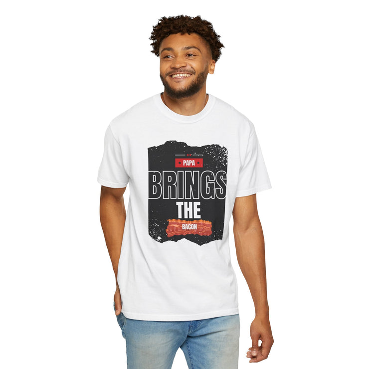 Unisex t-shirt featuring "Papa Brings the Bacon" design, perfect gift for dads, sizes S to 4XL.