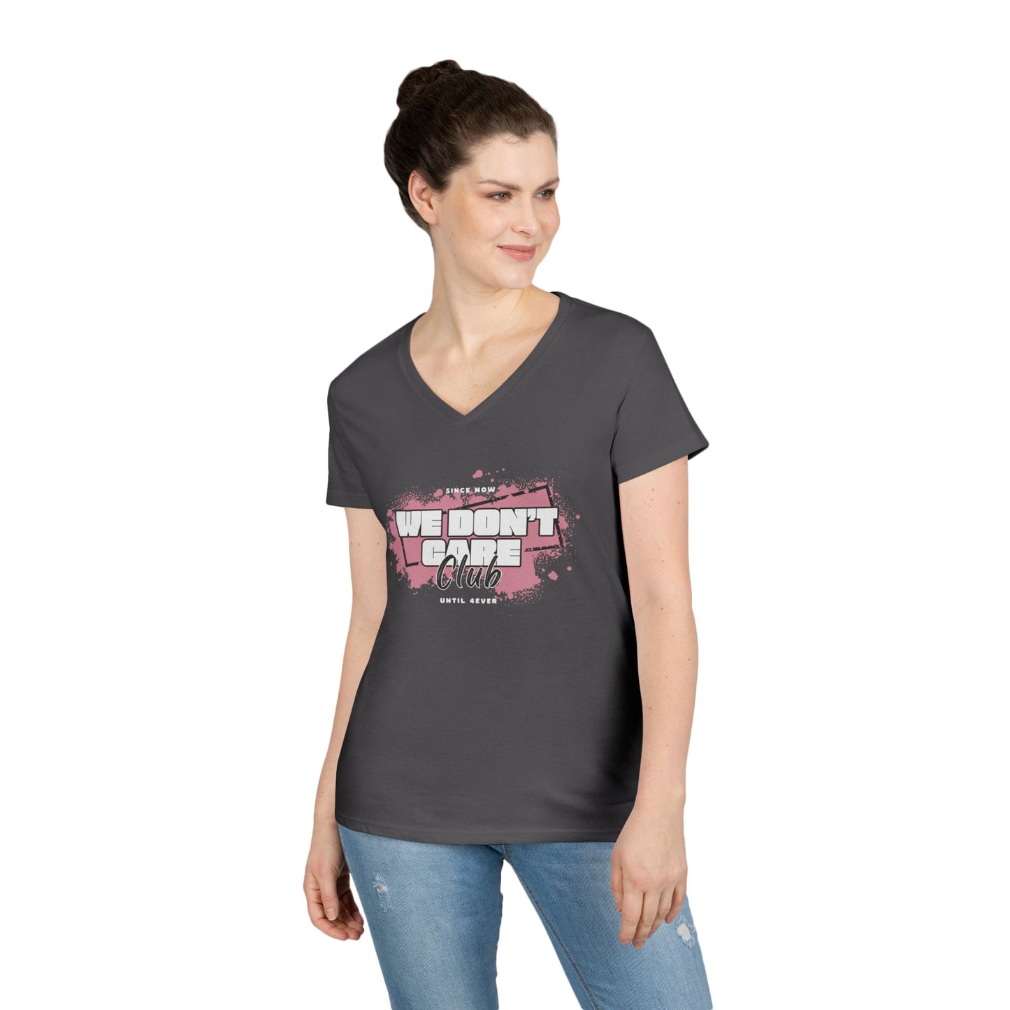 We Don't Care Club Ladies' V-Neck T-Shirt, Casual Wear, Gift for Friends, Relaxed Fit, Fun Statement Tee