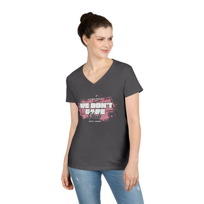 We Don't Care Club Ladies' V-Neck T-Shirt, Casual Wear, Gift for Friends, Relaxed Fit, Fun Statement Tee