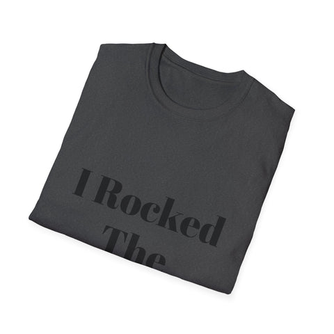 Unisex Softstyle T-Shirt with "I Rocked The Challenge" text, folded neatly, made from 100% ring-spun cotton.