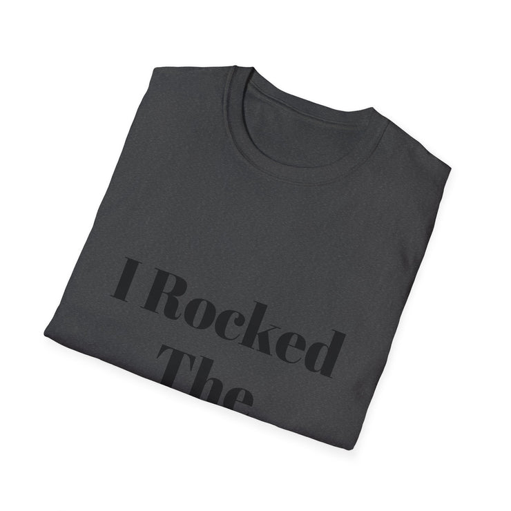 Unisex Softstyle T-Shirt with "I Rocked The Challenge" text, folded neatly, made from 100% ring-spun cotton.
