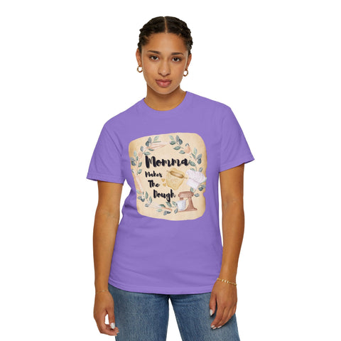 Unisex violet T-shirt with "Momma Makes The Dough" print, perfect gift for baking enthusiasts.