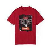 Papa Brings the Bacon unisex red t-shirt, perfect gift for dads, garment-dyed for comfort, available in sizes S to 4XL.