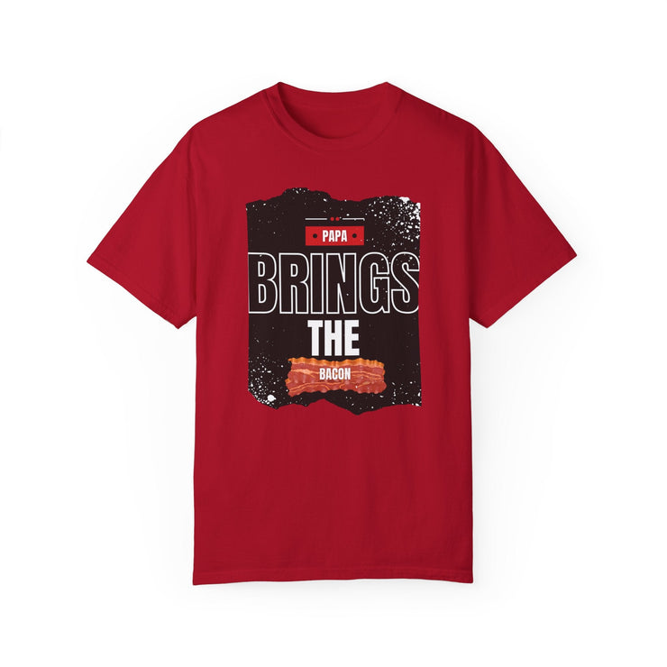 Papa Brings the Bacon unisex red t-shirt, perfect gift for dads, garment-dyed for comfort, available in sizes S to 4XL.