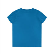 Ladies' V-Neck T-Shirt in blue, back view, 100% cotton fabric.
