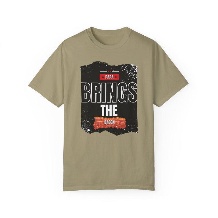 Unisex garment-dyed T-shirt with "Papa Brings the Bacon" design, perfect gift for dads.