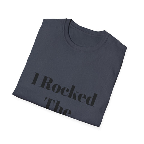 Unisex Softstyle T-Shirt folded, displaying "I Rocked The Challenge" slogan on chest.