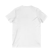 Unisex jersey short sleeve V-neck tee in white, back view.