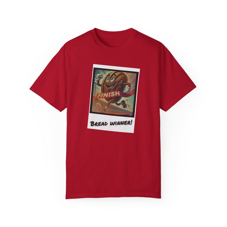 Red Bread Winner T-Shirt featuring a graphic design, made from 100% US cotton.