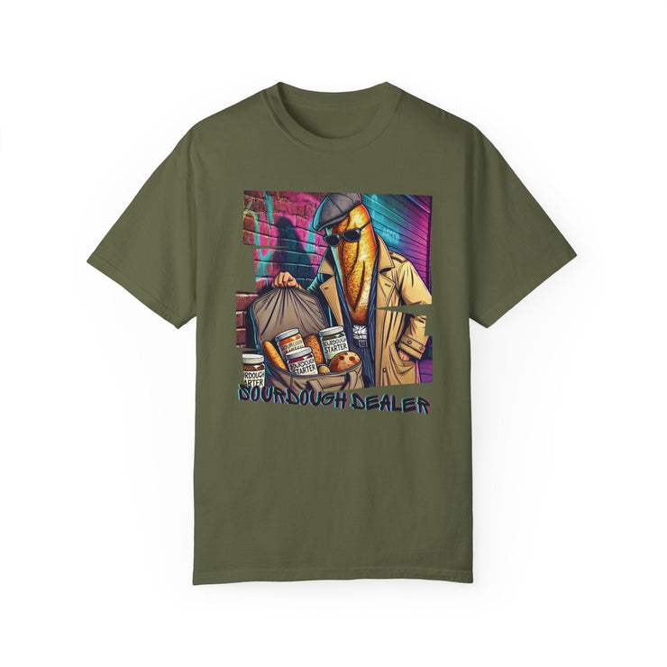 Sourdough Dealer T-Shirt with a whimsical design featuring a bread character, perfect for art lovers and casual wear.