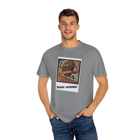 Unisex Bread Winner T-Shirt featuring vibrant graphic design, garment-dyed for unique softness, available in 58 colors.