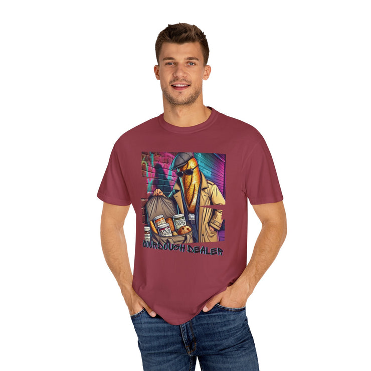 Sourdough Dealer T-Shirt with vibrant graphic, worn by a person, showcasing casual elegance and artistic style.