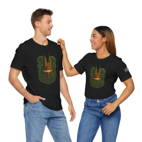 Christian History Unisex Tee black shirt with historic church and tree roots design worn by man and woman