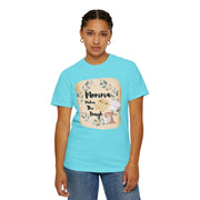 Mom's Kitchen Unisex Garment-Dyed T-Shirt in blue with "Momma Makes The Dough" design, ideal gift for baking enthusiasts.